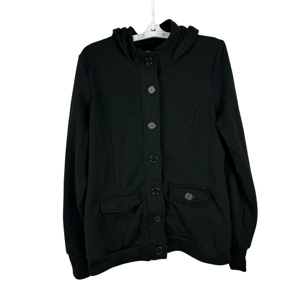 Wet Seal Womens Black Button-Up Hoodie Jacket XL Cotton Blend Casual Rib Knit